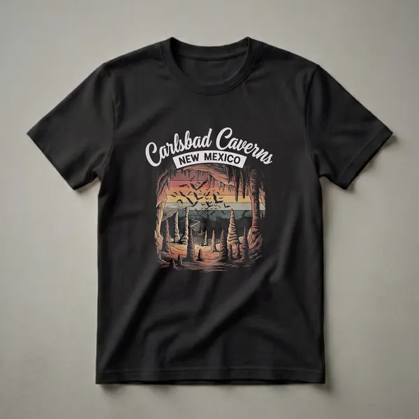 Black graphic t-shirt featuring a retro illustration of the interior of Carlsbad Caverns, New Mexico, with stalactites, stalagmites, and bats flying against a striped sunset.