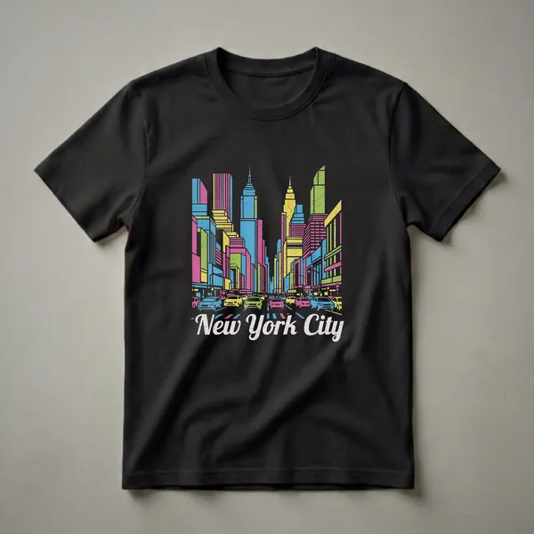 Black t-shirt featuring a retro artistic graphic of the New York City skyline with colorful buildings and cars in traffic, with the words 'New York City' below.