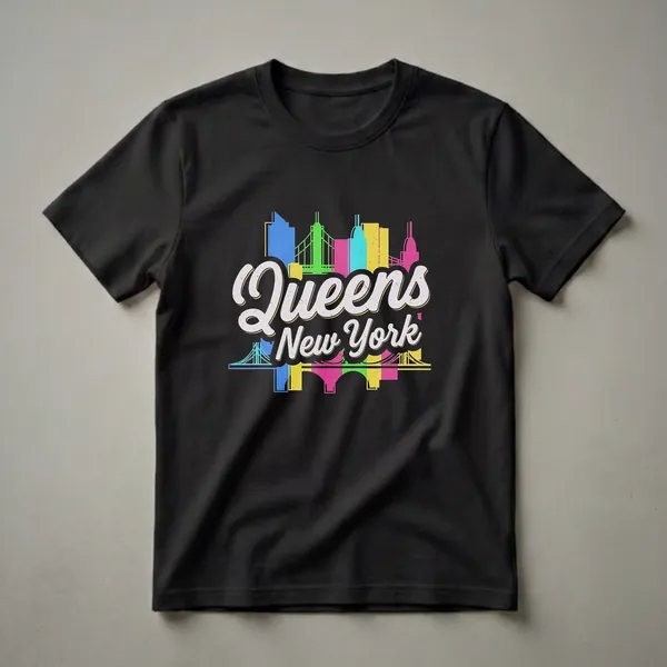 Black graphic t-shirt featuring the words 'Queens New York' in a retro font, set against a backdrop of a colorful, abstract cityscape with bridges.