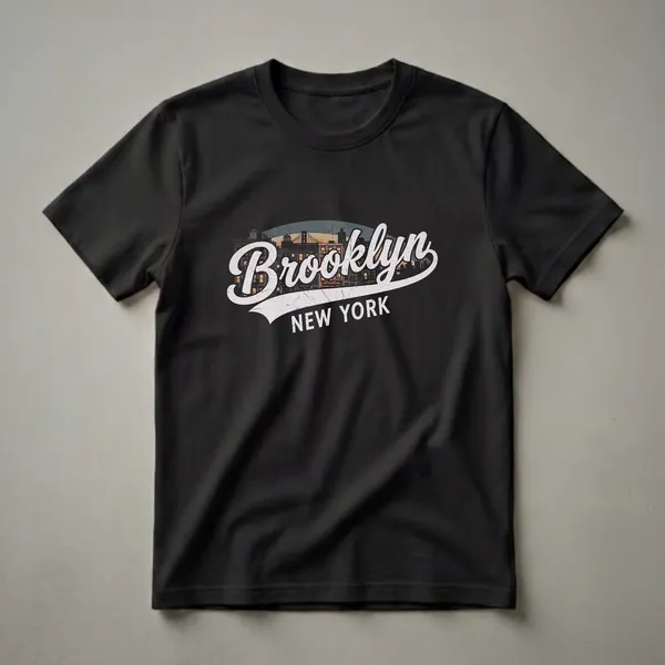 Black graphic t-shirt featuring a retro Brooklyn, New York skyline design with a bridge and buildings under a distressed sky.