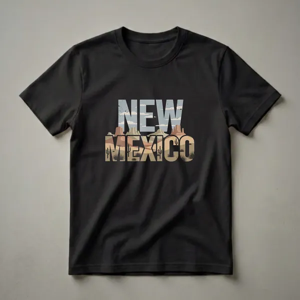 Black t-shirt with 'NEW MEXICO' text graphic filled with a retro desert landscape featuring mesas, cacti, and clouds.