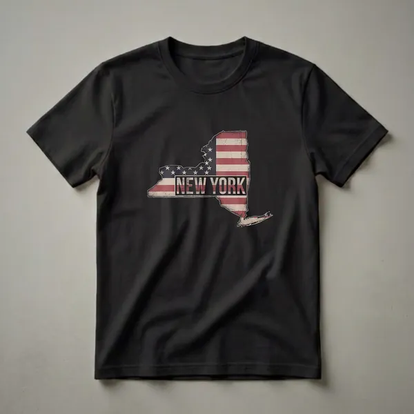 A black t-shirt featuring the outline of New York state filled with a distressed American flag design, with the words 'NEW YORK' printed in large white letters across the center.