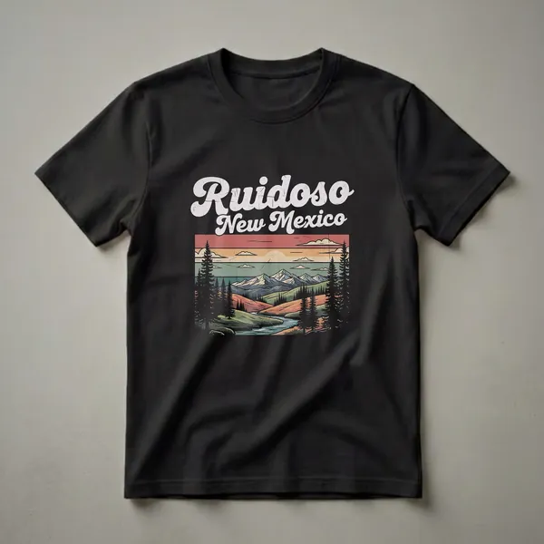 Black graphic t-shirt featuring a retro landscape design of Ruidoso, New Mexico, with mountains, a river, pine trees, and a sunset sky.