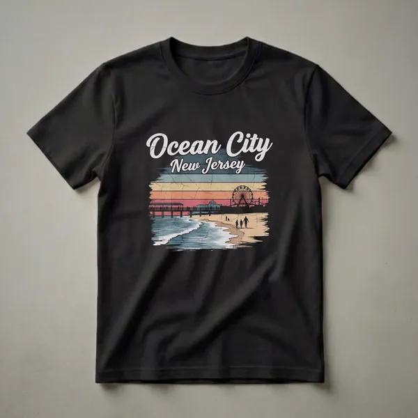 Black t-shirt featuring a retro graphic of the Ocean City, New Jersey boardwalk with a Ferris wheel, pier, beach, and ocean waves under a striped sunset.