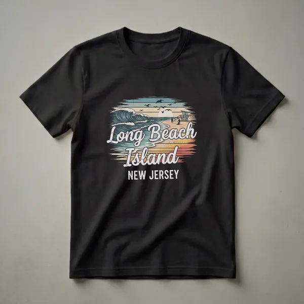 Black t-shirt featuring a retro graphic of Long Beach Island, New Jersey, with crashing waves, a sunset, seagulls, and a lifeguard stand.
