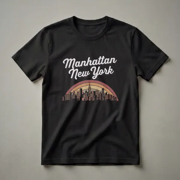 Black t-shirt with a retro graphic featuring the words 'Manhattan New York' in distressed white script above a stylized cityscape and a cracked rainbow arc in muted red, orange, and yellow.
