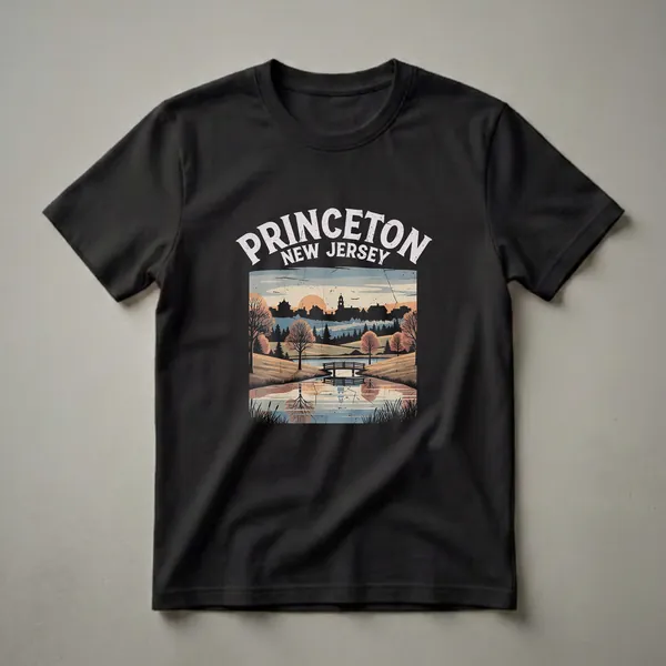 Black t-shirt featuring a retro graphic design of Princeton, New Jersey with a sunset landscape, a bridge over water, and silhouetted buildings.
